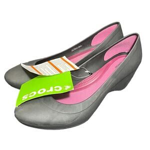 Crocs Womens Lina Pump Wedge‎ Shoes Gray Pink Rubber Size 7 NWT